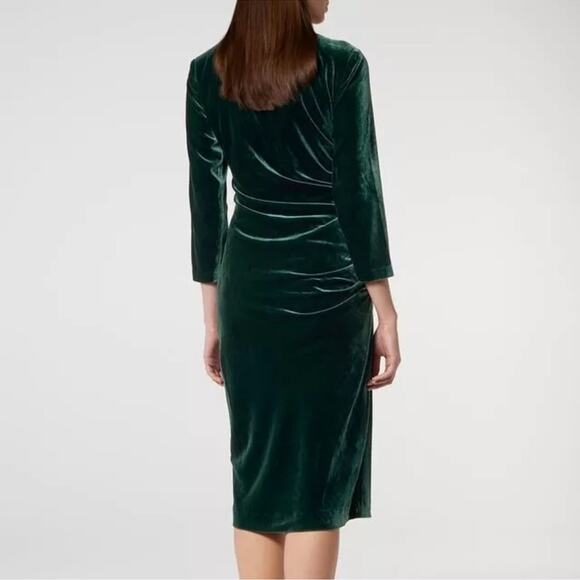 L.K. Bennet Women’s Izzy Forest Green Velvet Ruched long Sleeve Midi Dress 12 - Picture 5 of 11
